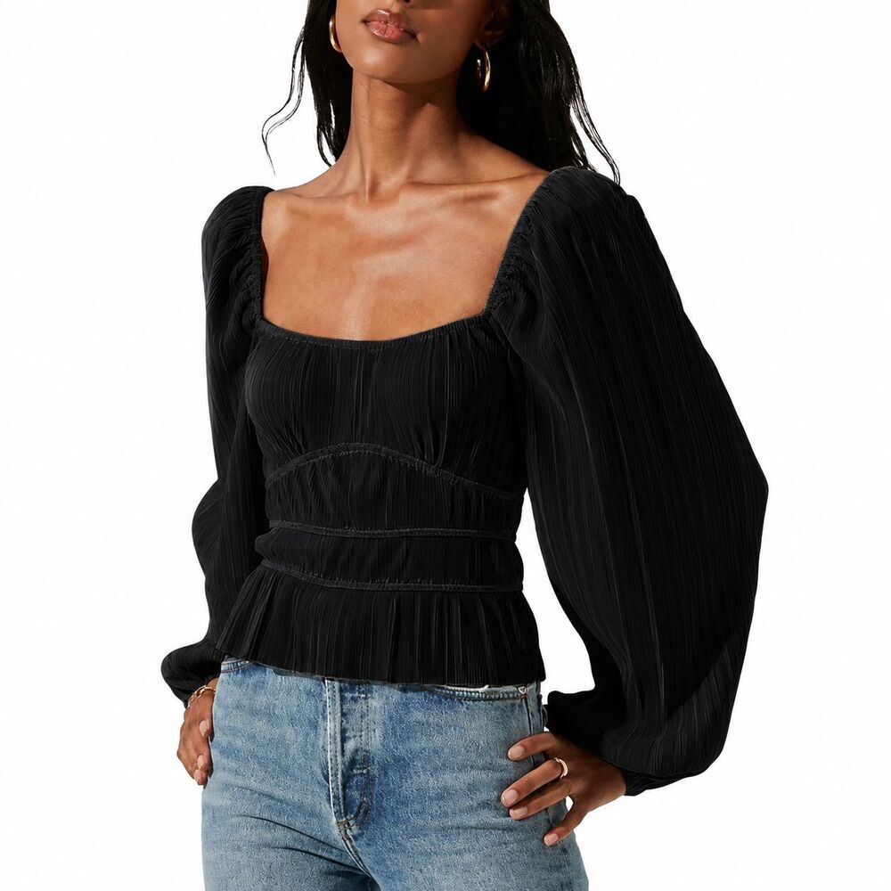 Astr The Label Women’s Ziva Pleated Balloon-Sleeve Top Black Size Medium M Boho